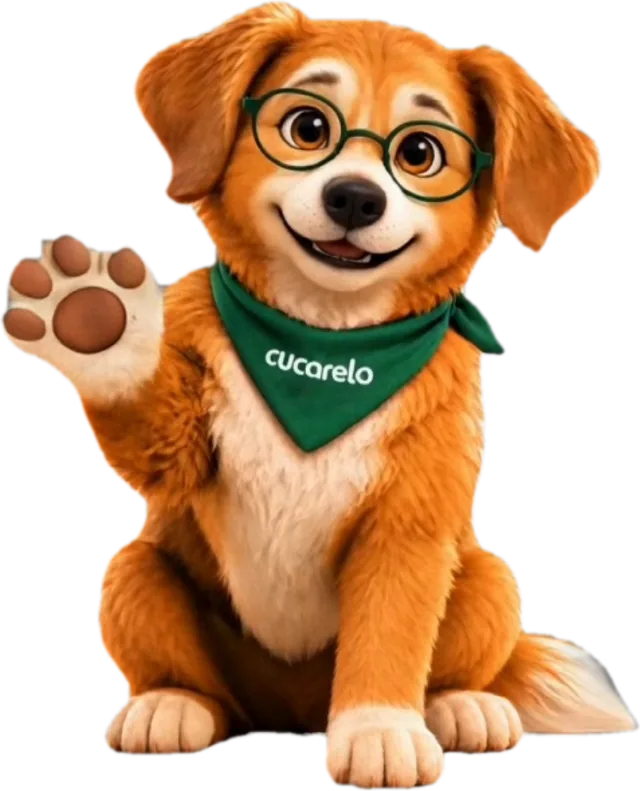 Cucarelo, um cachorro caramelo de óculos e bandana verde, acenando com a patinha